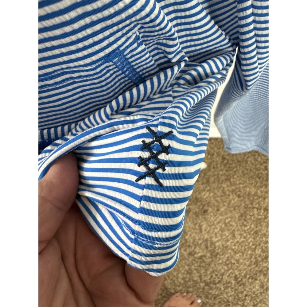 Rhone Women's L Stretch Seersucker Pullover Long Hoodie Blue Striped Euc View 5